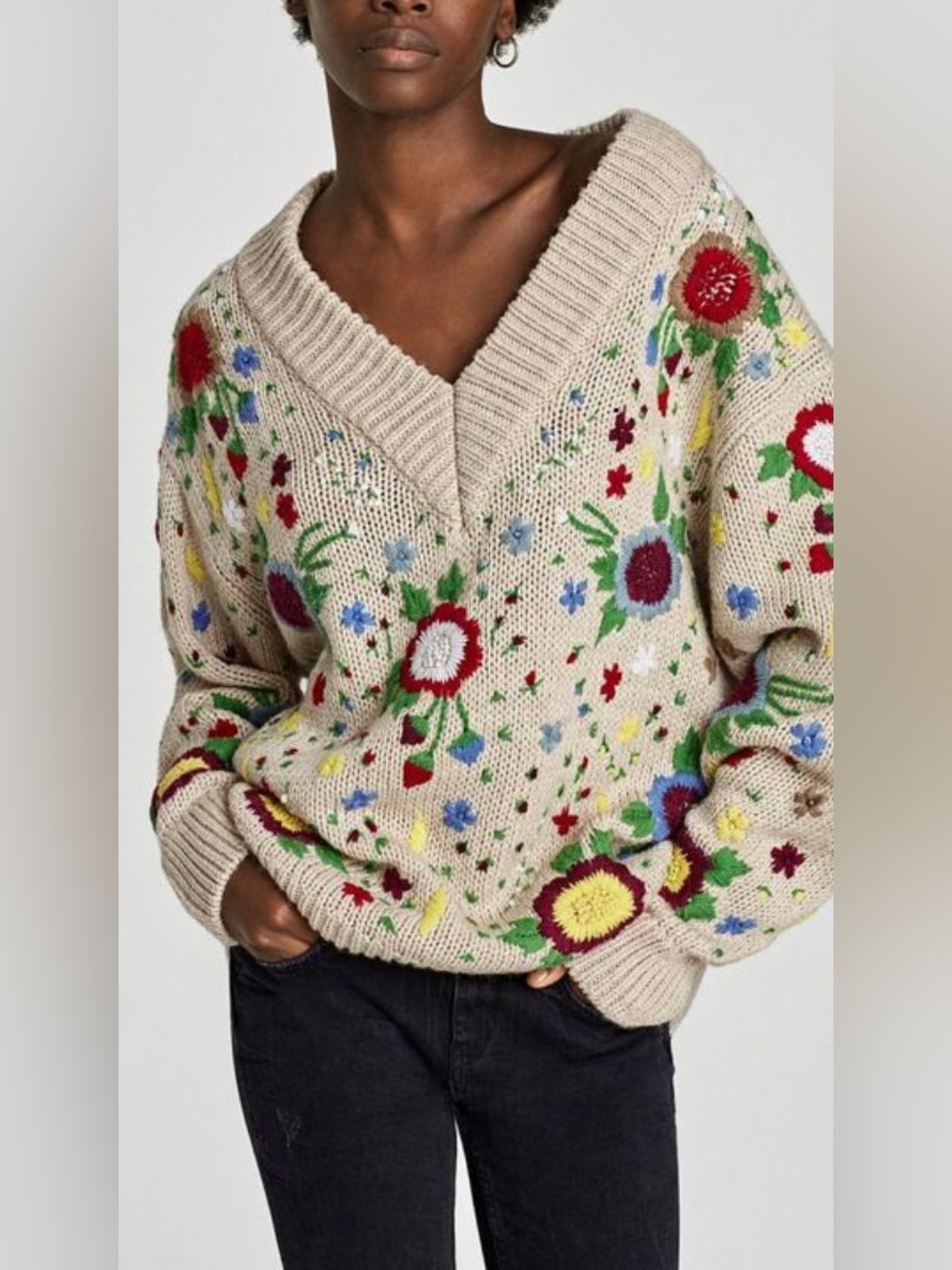 Zara Multi-Colored 3D Floral Embroidered Knit Sweater